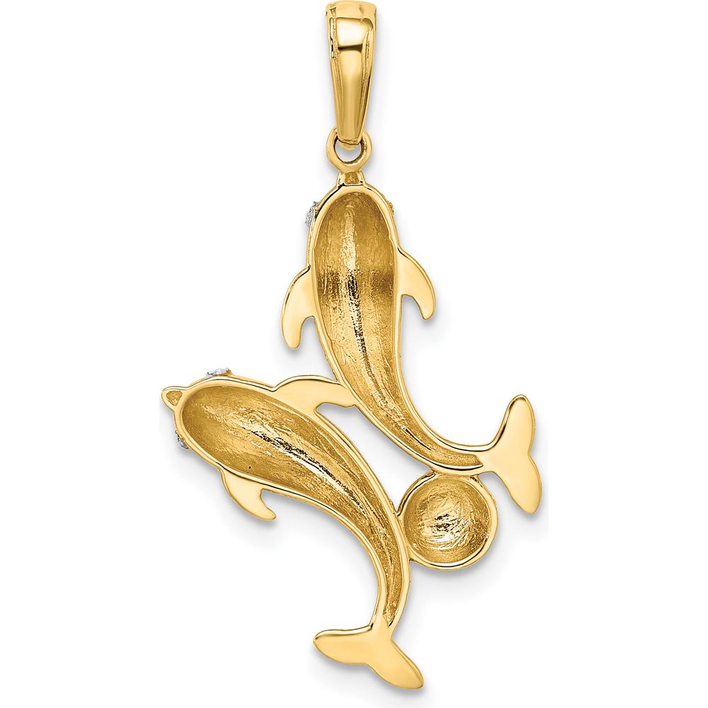 14K Yellow Gold Dolphin Pendant with White Rhodium Diamond-Cut Ball Detail by Oro Pregiato