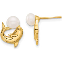14K Yellow Gold Dolphin Post Earrings with White Freshwater Cultured Pearls - 5-6mm Button Shape by Monteluci Fine Jewelry