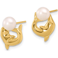 14K Yellow Gold Dolphin Post Earrings with White Freshwater Cultured Pearls - 5-6mm Button Shape by Monteluci Fine Jewelry