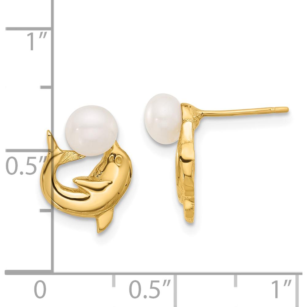 14K Yellow Gold Dolphin Post Earrings with White Freshwater Cultured Pearls - 5-6mm Button Shape by Monteluci Fine Jewelry