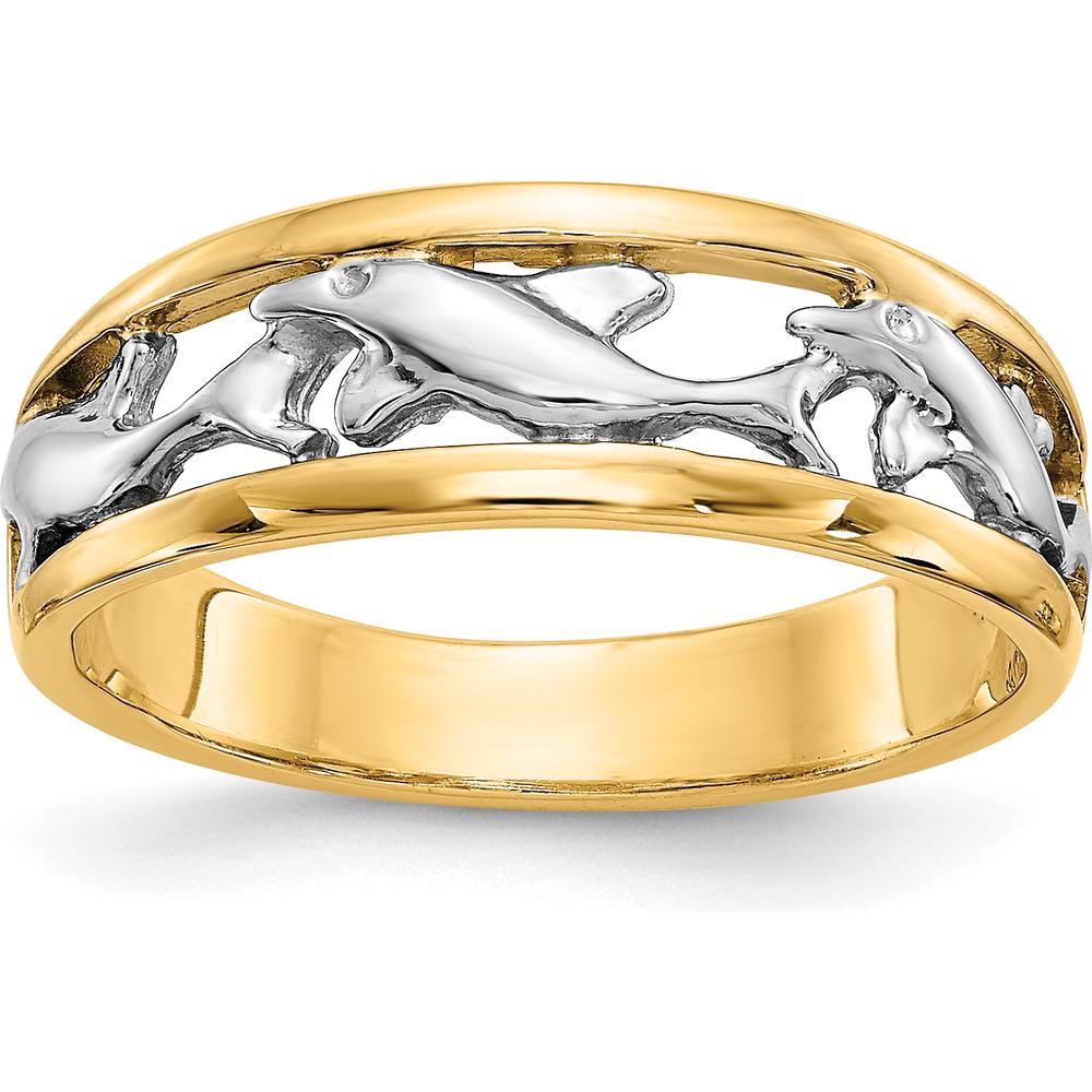 14K Yellow Gold Dolphin Ring with Rhodium Accents - Themed 6mm Band by Oro Pregiato