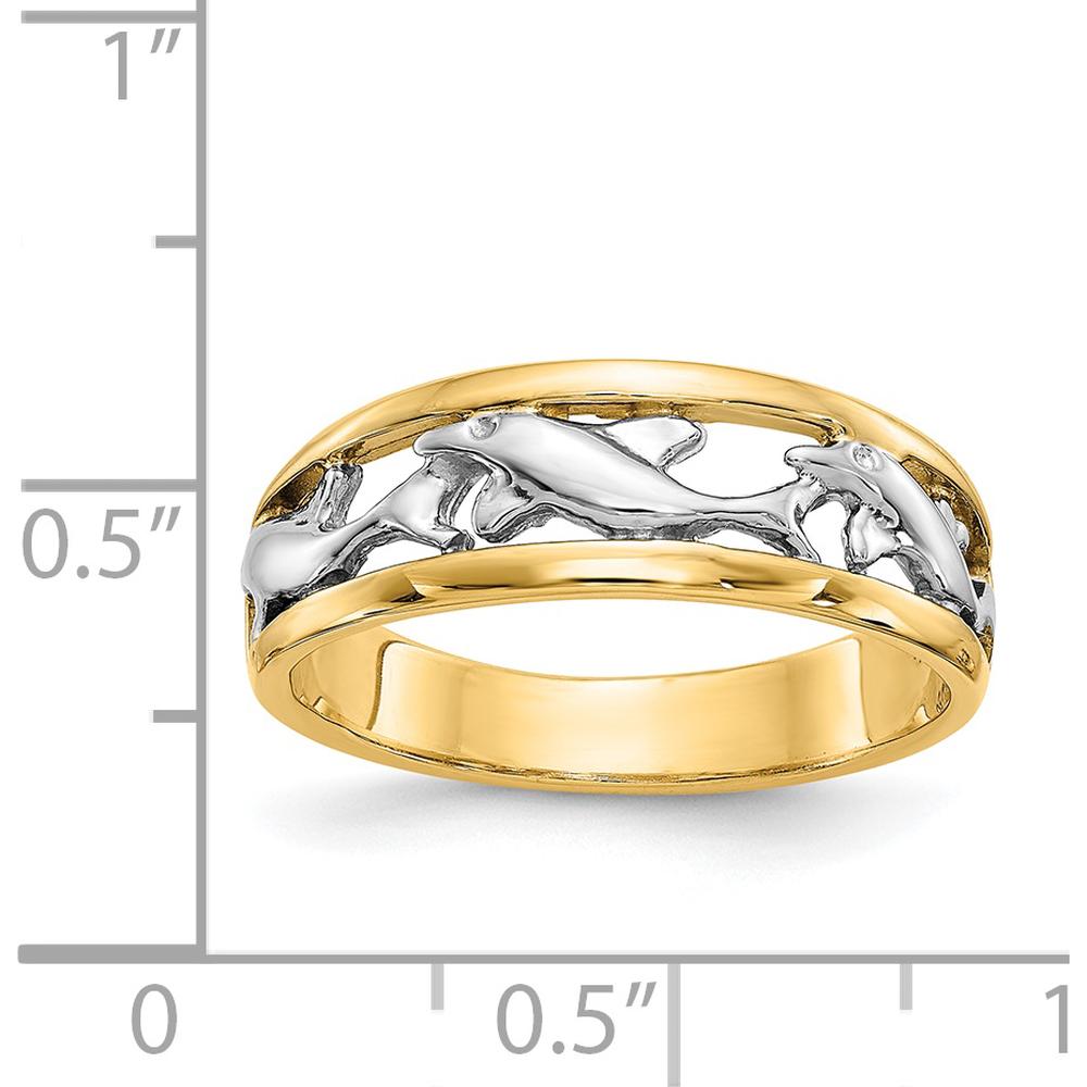 14K Yellow Gold Dolphin Ring with Rhodium Accents - Themed 6mm Band by Oro Pregiato