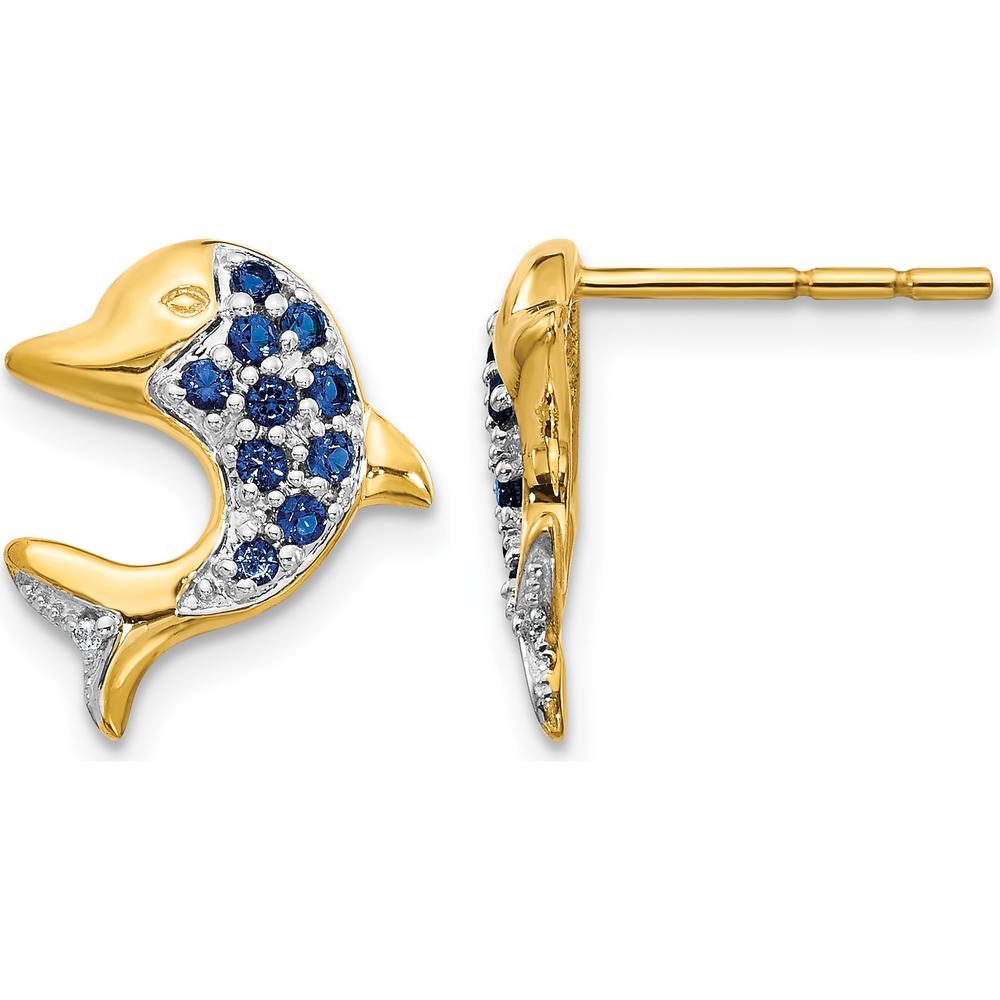 14K Yellow Gold Dolphin Shaped Earrings with Sapphire and Diamond Accents - 0.0464 Carat Total Gem Weight by Monteluci Fine Jewelry