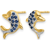 14K Yellow Gold Dolphin Shaped Earrings with Sapphire and Diamond Accents - 0.0464 Carat Total Gem Weight by Monteluci Fine Jewelry