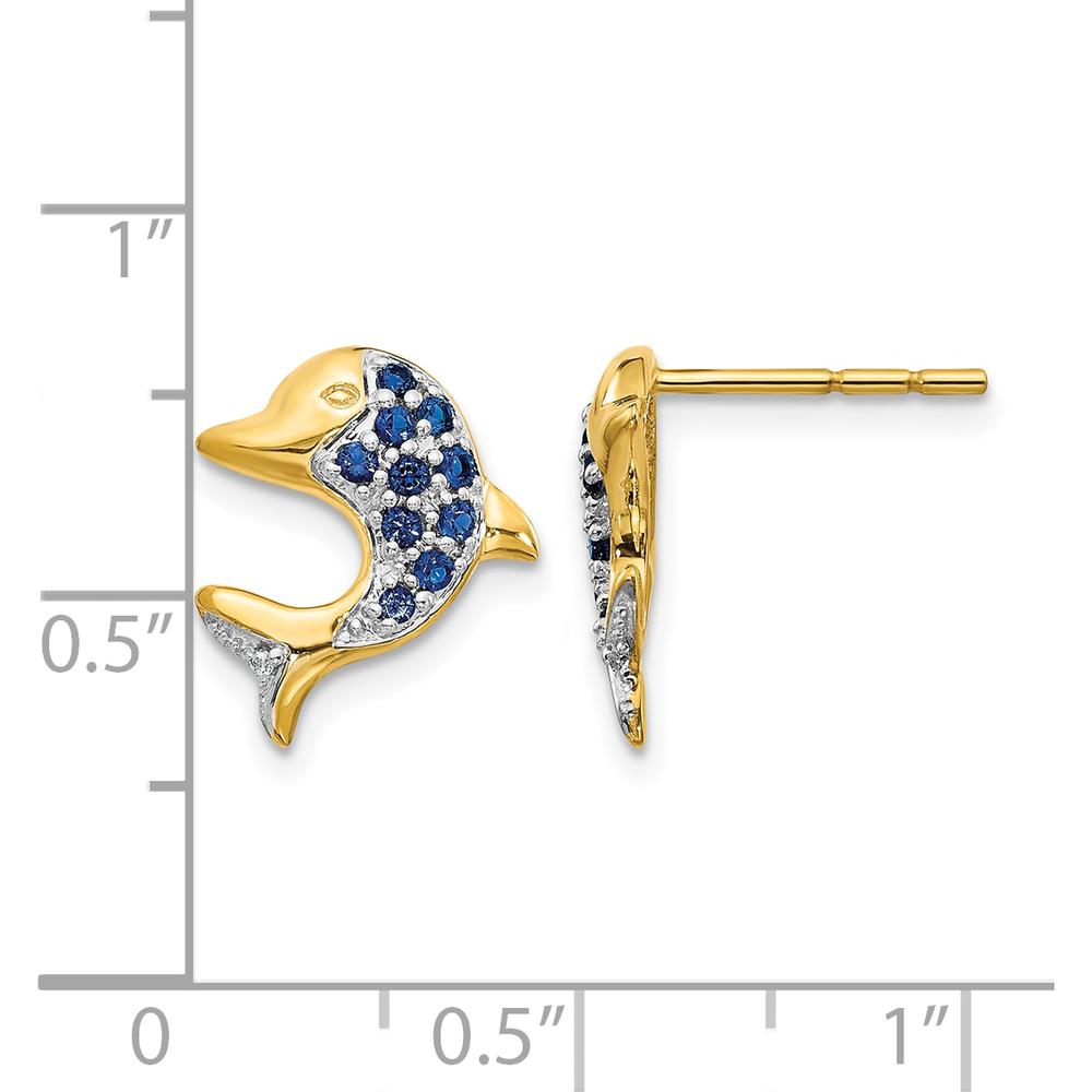 14K Yellow Gold Dolphin Shaped Earrings with Sapphire and Diamond Accents - 0.0464 Carat Total Gem Weight by Monteluci Fine Jewelry
