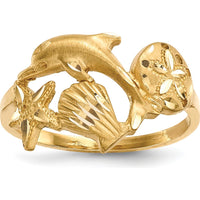 14K Yellow Gold Dolphin, Starfish, and Shell Sand Dollar Themed Ring with Diamond-Cut Finish by 0