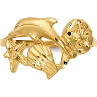 14K Yellow Gold Dolphin, Starfish, and Shell Sand Dollar Themed Ring with Diamond-Cut Finish by 0