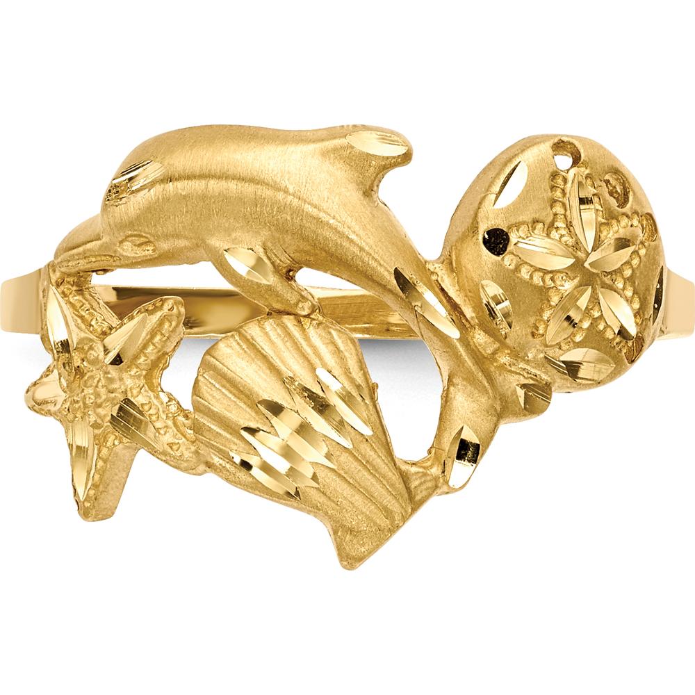 14K Yellow Gold Dolphin, Starfish, and Shell Sand Dollar Themed Ring with Diamond-Cut Finish by 0