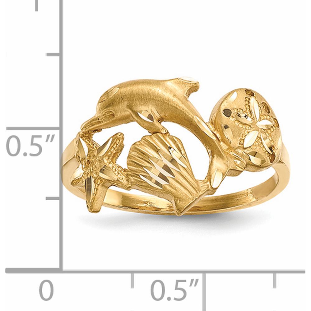 14K Yellow Gold Dolphin, Starfish, and Shell Sand Dollar Themed Ring with Diamond-Cut Finish by 0