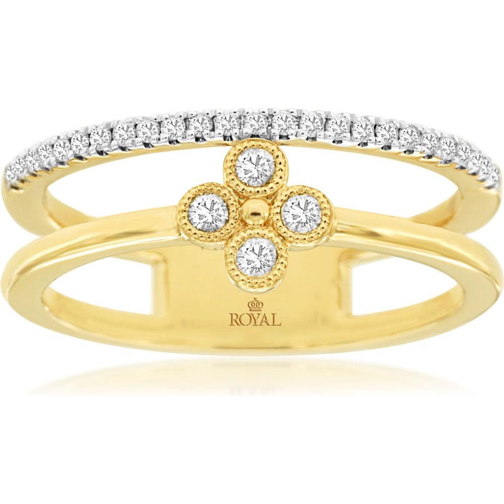 14K Yellow Gold Double-Band Clover Motif Ring with Pavé and Bezel-Set Round Diamonds - 0.20 Carat Total Diamond Weight - Royal Jewelry