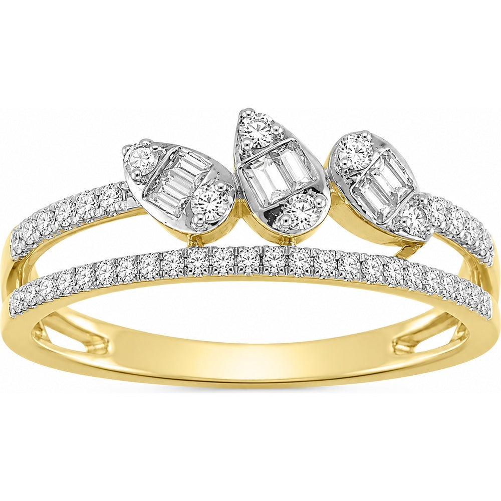14K Yellow Gold Double Band Fashion Ring with Pear-Shaped Baguette and Round Diamond Cluster - 0.62 Carat Total Diamond Weight by Auriventus