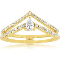 14K Yellow Gold Double Chevron Ring with Pear-Shaped Center and Round Accent Diamonds - 0.50 Carat Total Diamond Weight - Royal Jewelry