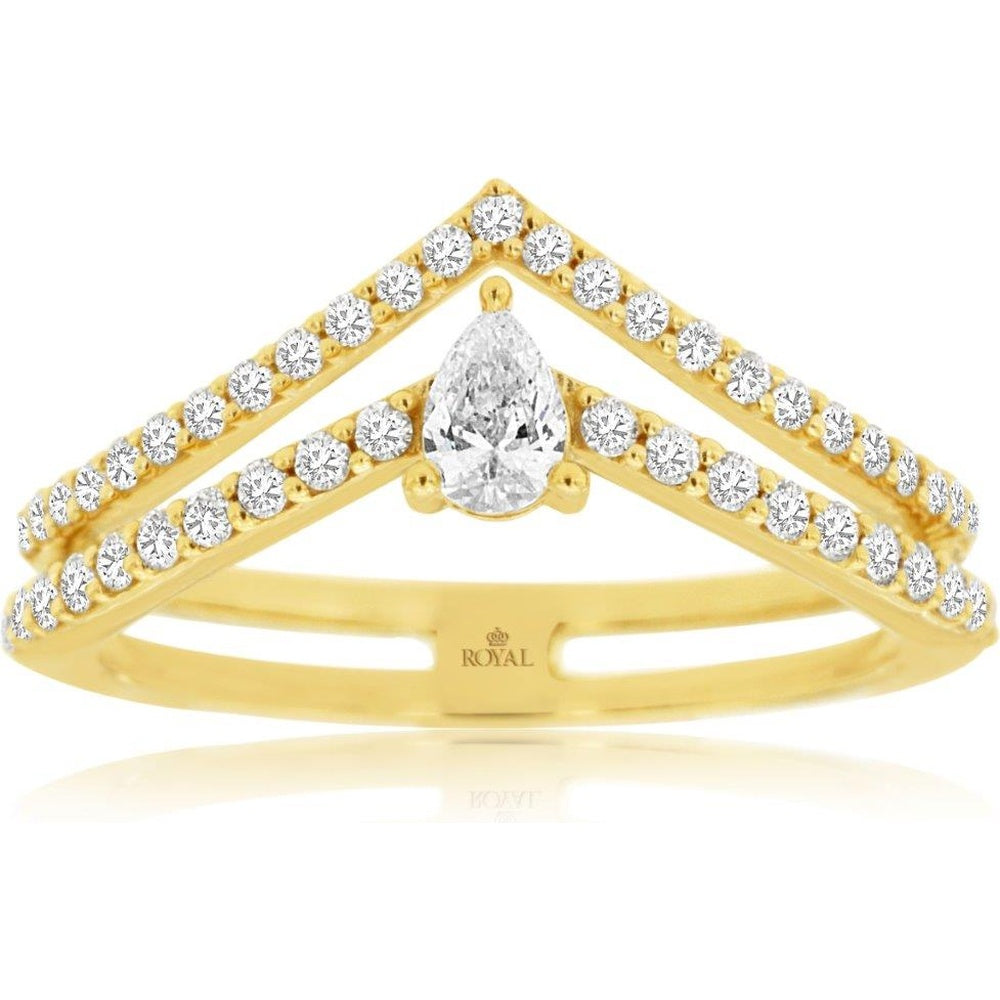 14K Yellow Gold Double Chevron Ring with Pear-Shaped Center and Round Accent Diamonds - 0.50 Carat Total Diamond Weight - Royal Jewelry
