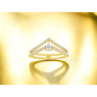 14K Yellow Gold Double Chevron Ring with Pear-Shaped Center and Round Accent Diamonds - 0.50 Carat Total Diamond Weight - Royal Jewelry