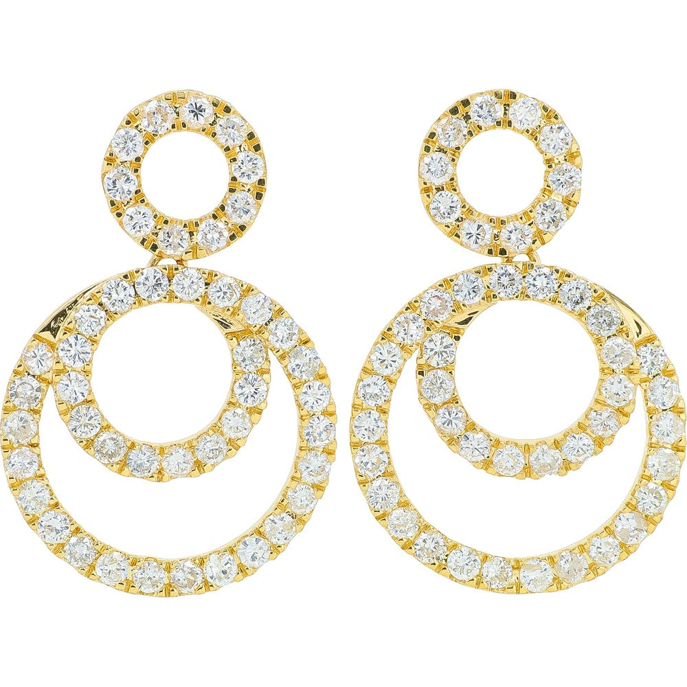 14K Yellow Gold Double-Circle Drop Earrings with Prong-Set Round Diamonds - 1.00 Carat Total Diamond Weight