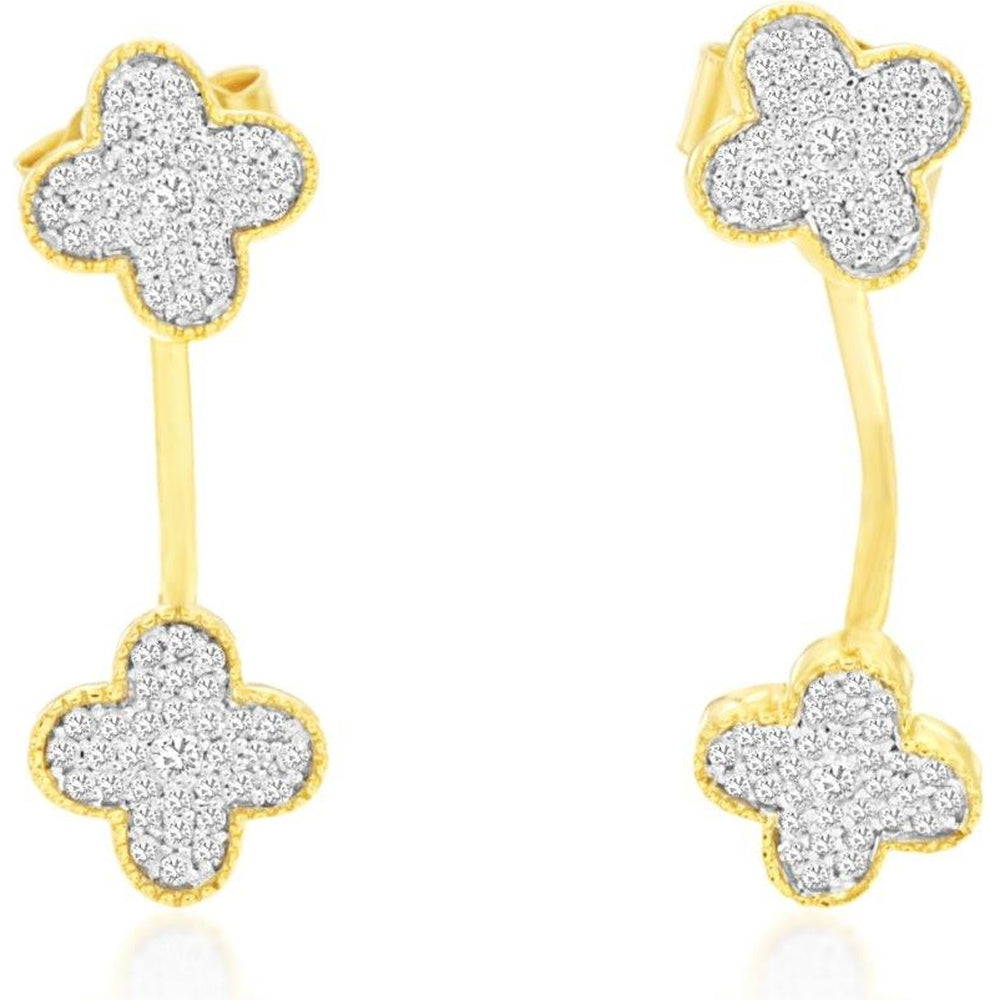 14K Yellow Gold Double Clover Stud Earrings with Pave-Set Round Diamonds - 0.25 Carat Total Diamond Weight - Royal Jewelry