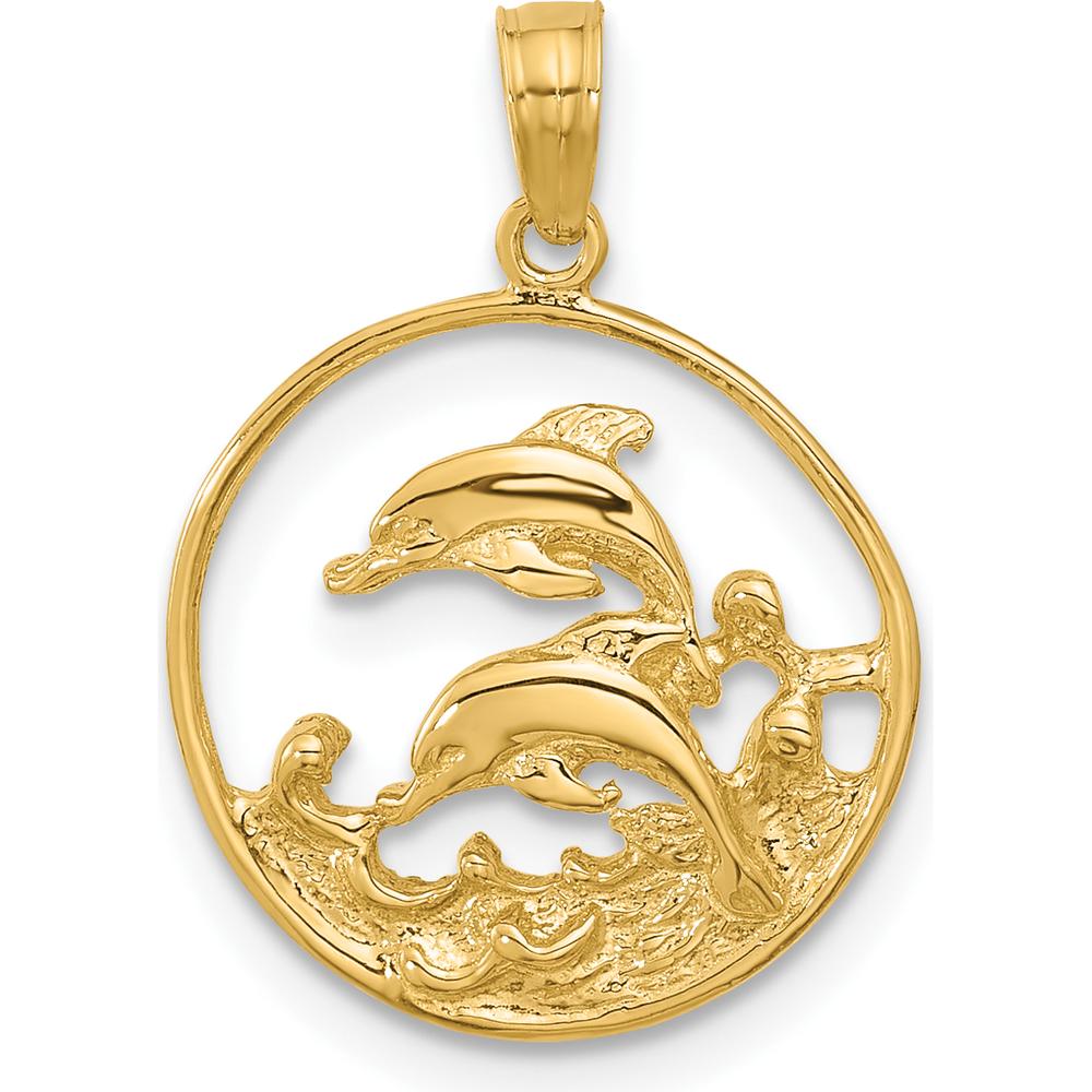 14K Yellow Gold Double Dolphin Circle Pendant - Ocean Inspired Design in Solid Gold by Oro Pregiato