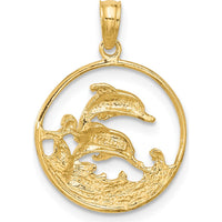 14K Yellow Gold Double Dolphin Circle Pendant - Ocean Inspired Design in Solid Gold by Oro Pregiato