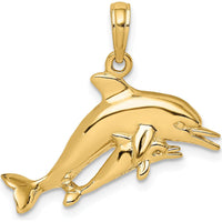 14K Yellow Gold Double Dolphin Pendant Charm - Polished Ocean Motif by Oro Pregiato