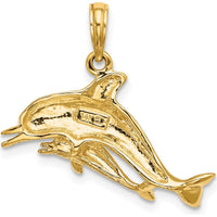14K Yellow Gold Double Dolphin Pendant Charm - Polished Ocean Motif by Oro Pregiato