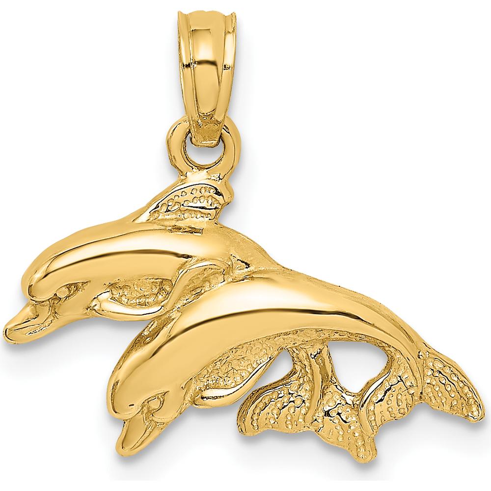 14K Yellow Gold Double Dolphin Pendant with Polished and Textured Detail by Oro Pregiato