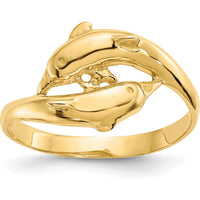 14K Yellow Gold Double Dolphins Ring - Solid Gold Themed Design by Oro Pregiato