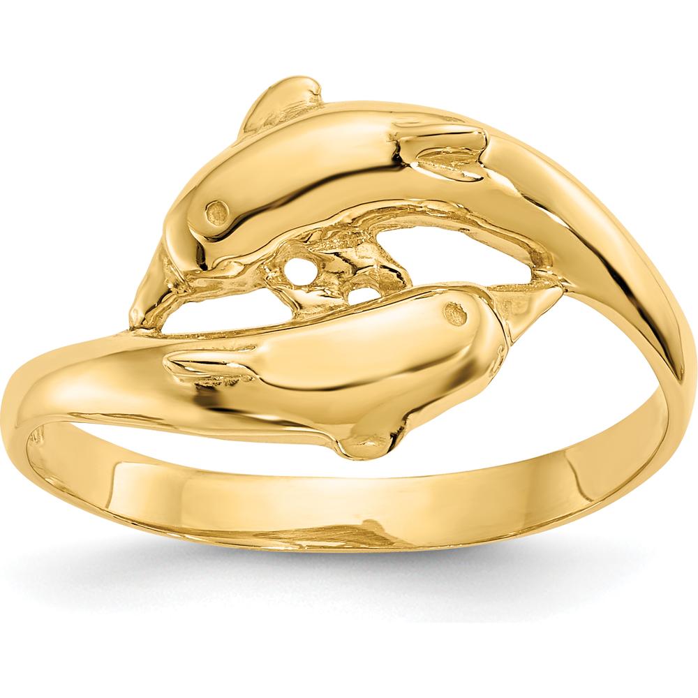14K Yellow Gold Double Dolphins Ring - Solid Gold Themed Design by Oro Pregiato