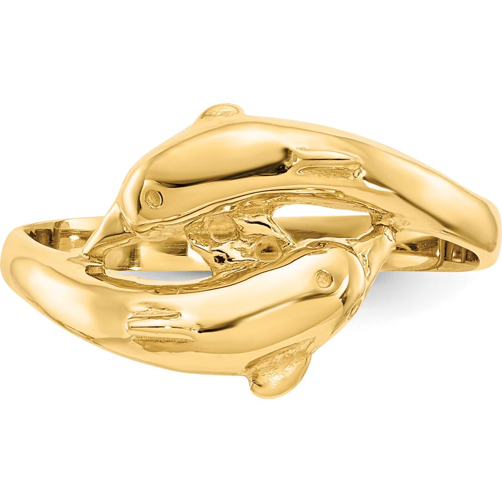 14K Yellow Gold Double Dolphins Ring - Solid Gold Themed Design by Oro Pregiato