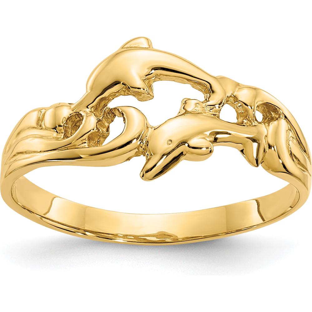14K Yellow Gold Double Dolphins with Waves Themed Ring by Oro Pregiato