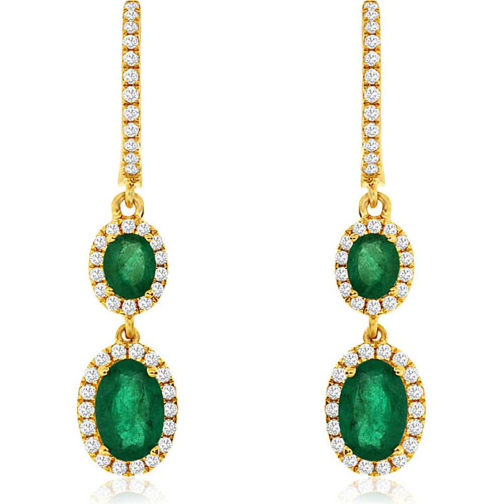 14K Yellow Gold Double Drop Halo Earrings with Oval Emeralds and White Accent Stones - 1.20 Carat Total Emerald Weight - Royal Jewelry