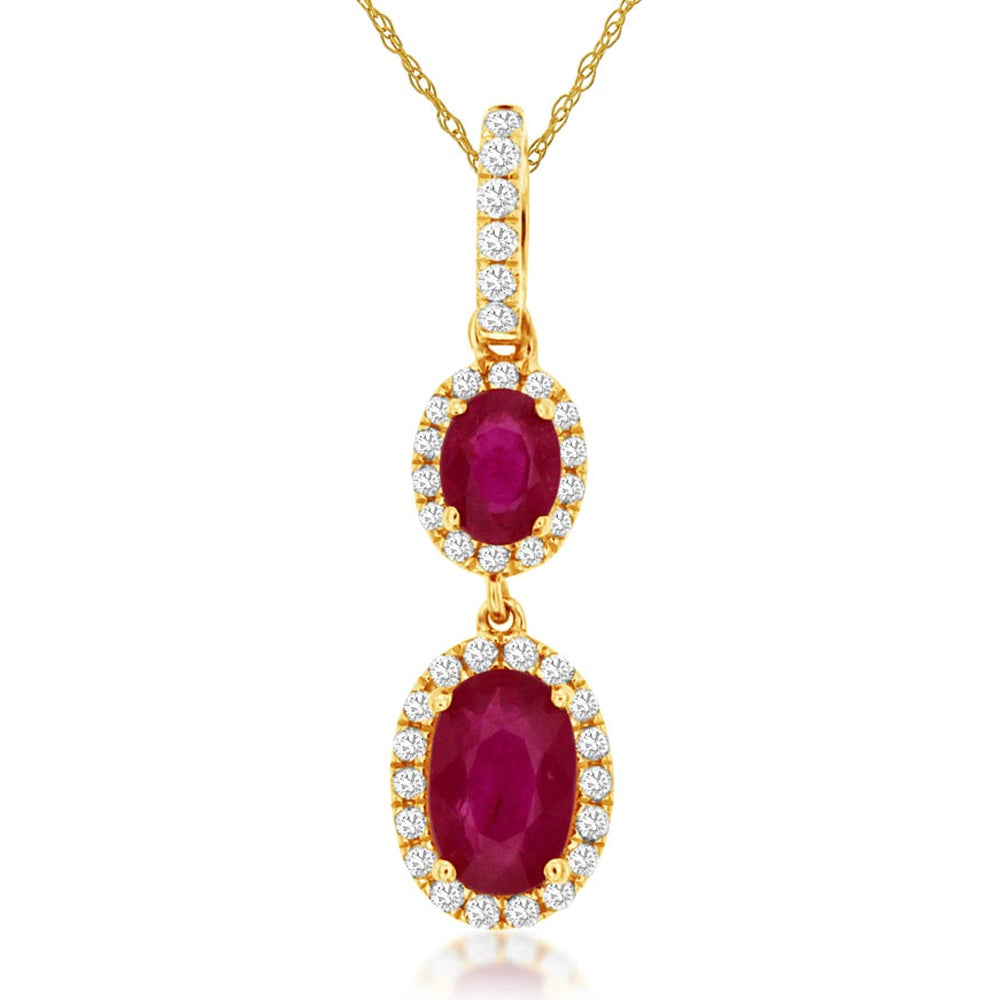 14K Yellow Gold Double Drop Pendant with Oval Rubies and Diamond Halos - 0.78 Carat Total Ruby Weight and 0.14 Carat Total Diamond Weight - Royal Jewelry