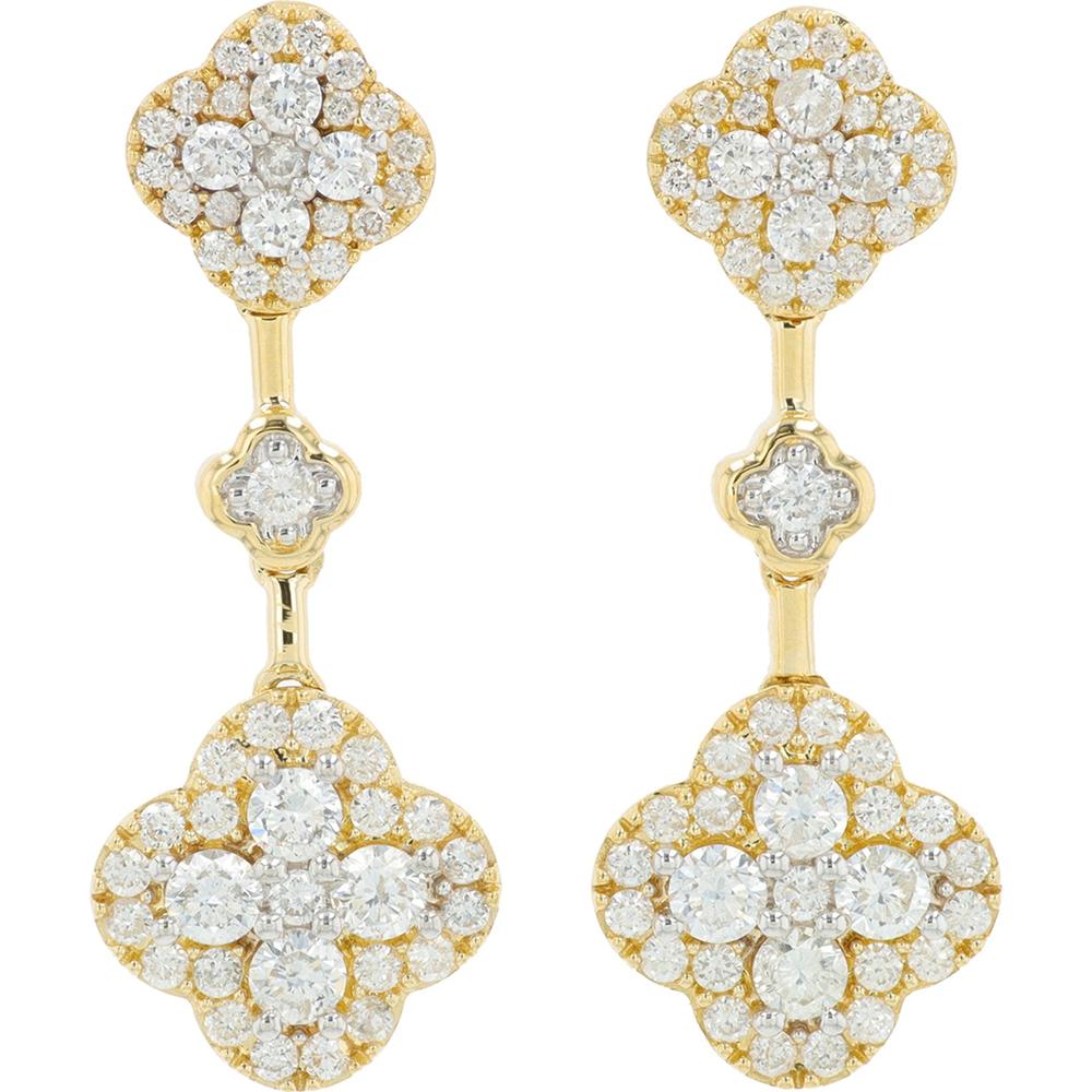 14K Yellow Gold Double - Flower Diamond Drop Earrings - 1.10 Carat Total Diamond Weight