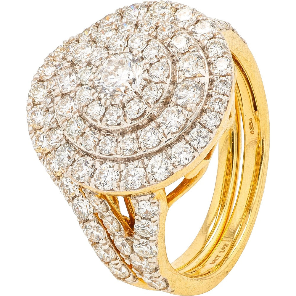 14K Yellow Gold Double Halo Bridal Ring with Round Lab Grown Diamonds and Split Shank Design - 1.93 Carat Total Diamond Weight