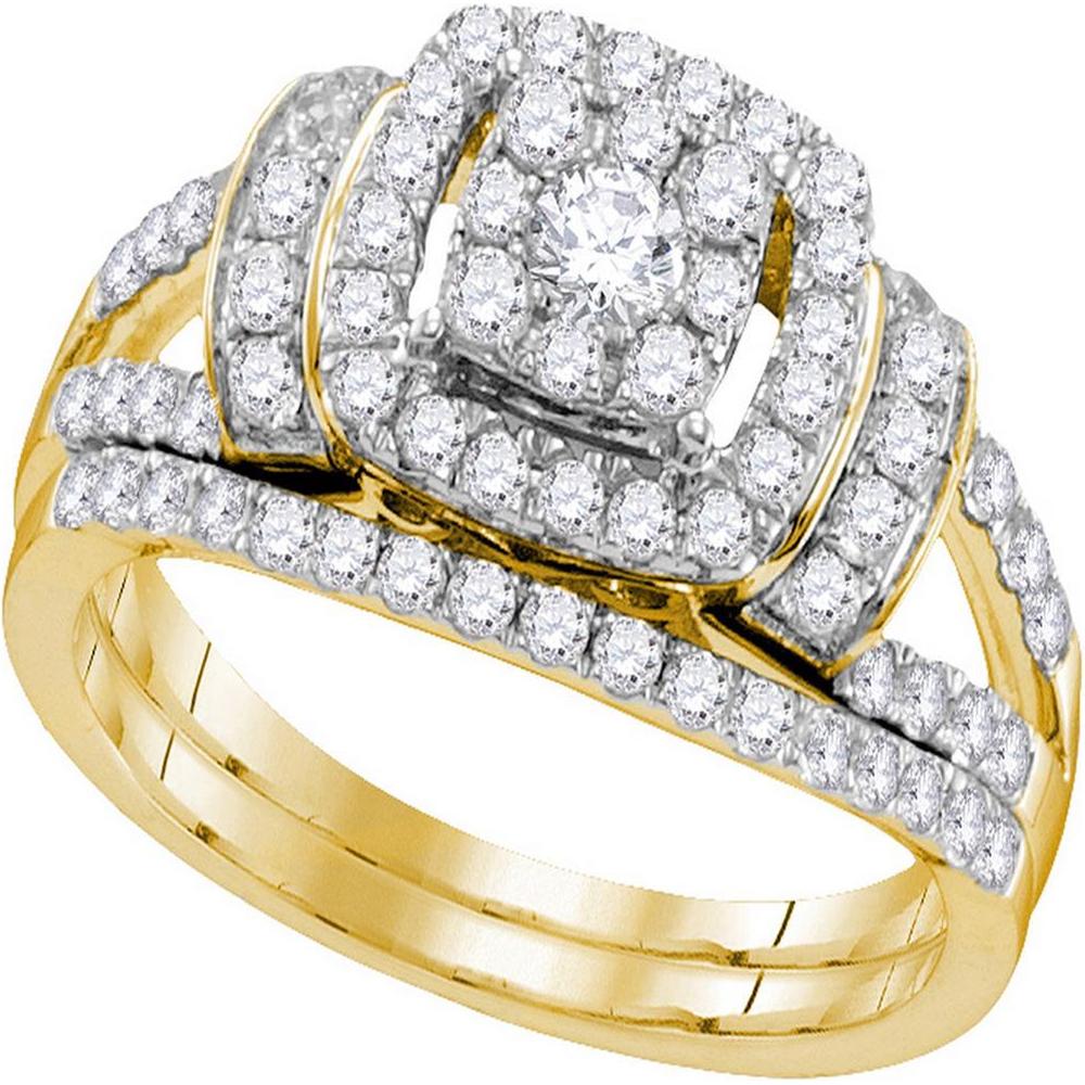 14K Yellow Gold Double Halo Bridal Wedding Ring Set with Round Prong-Set Center Diamond and Pave-Set Accents - 1.00 Carat Total Diamond Weight