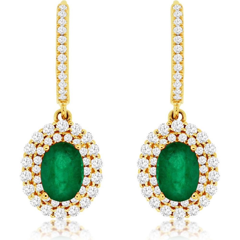 14K Yellow Gold Double Halo Drop Earrings with Oval Emeralds and Pavé-Set Round Diamonds - 1.40 Carat Total Emerald Weight and 0.85 Carat Total Diamond Weight - Royal Jewelry