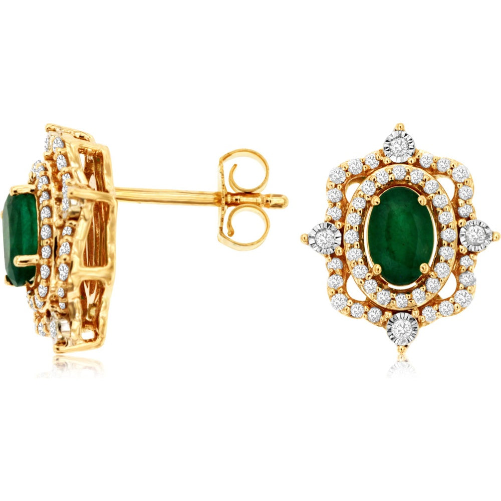 14K Yellow Gold Double Halo Earrings with Oval Emeralds and Round Diamonds - 0.88 Carat Total Emerald Weight and 0.39 Carat Total Diamond Weight - Royal Jewelry