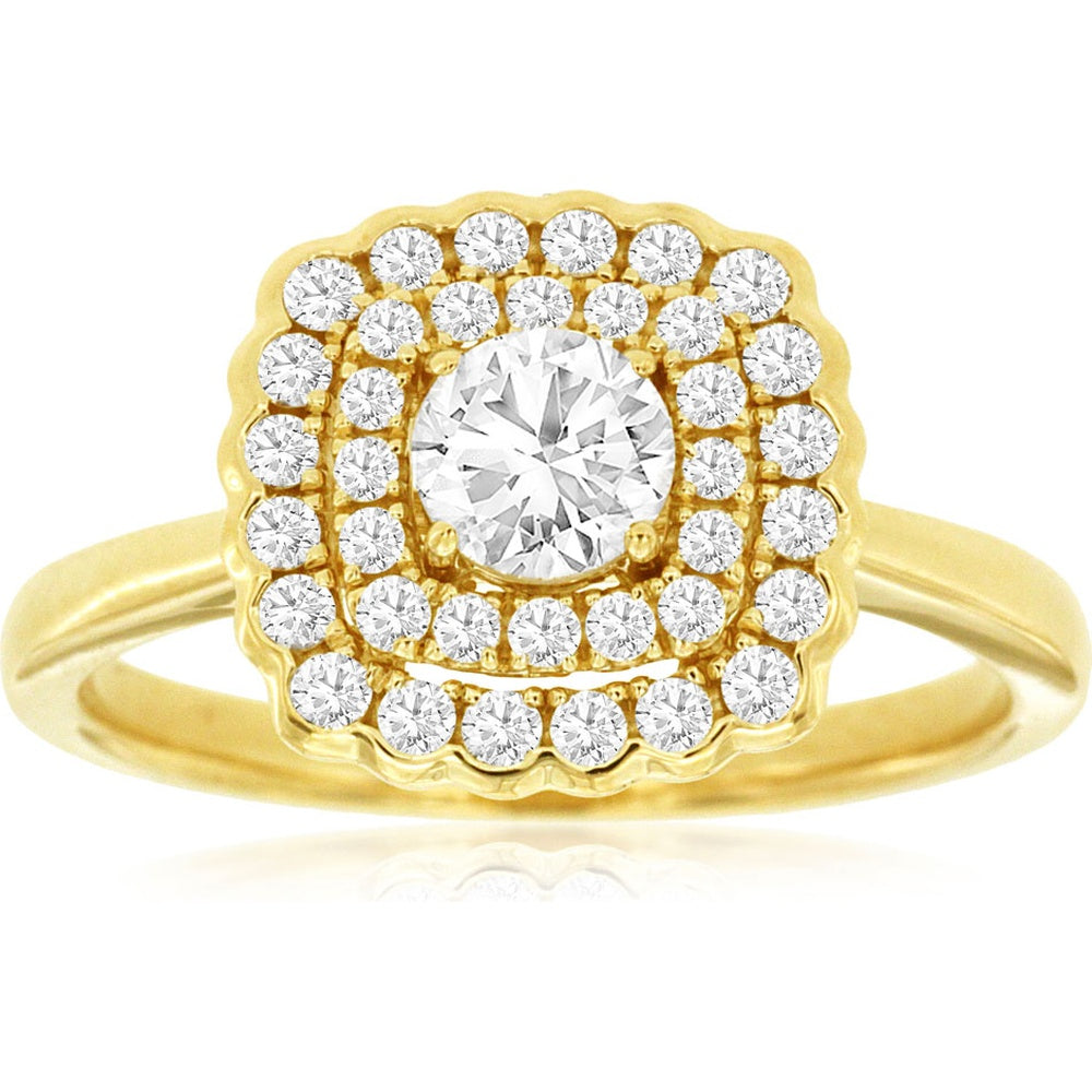 14K Yellow Gold Double Halo Engagement Ring with 0.39 Carat Round Center Diamond and 0.36 Carat Accent Diamonds - 0.75 Carat Total Diamond Weight - Royal Jewelry