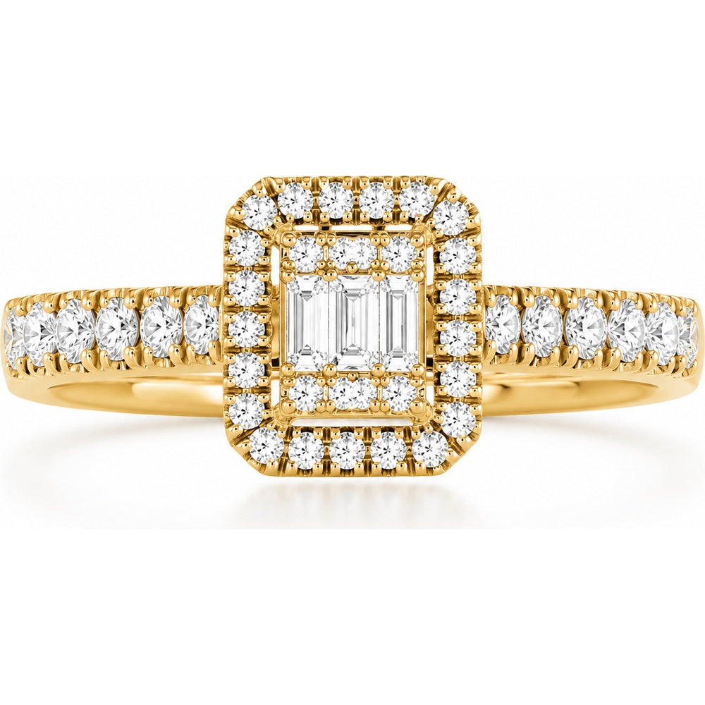 14K Yellow Gold Double Halo Fashion Ring with Emerald Cut and Round Diamonds - 0.57 Carat Total Diamond Weight by Auriventus