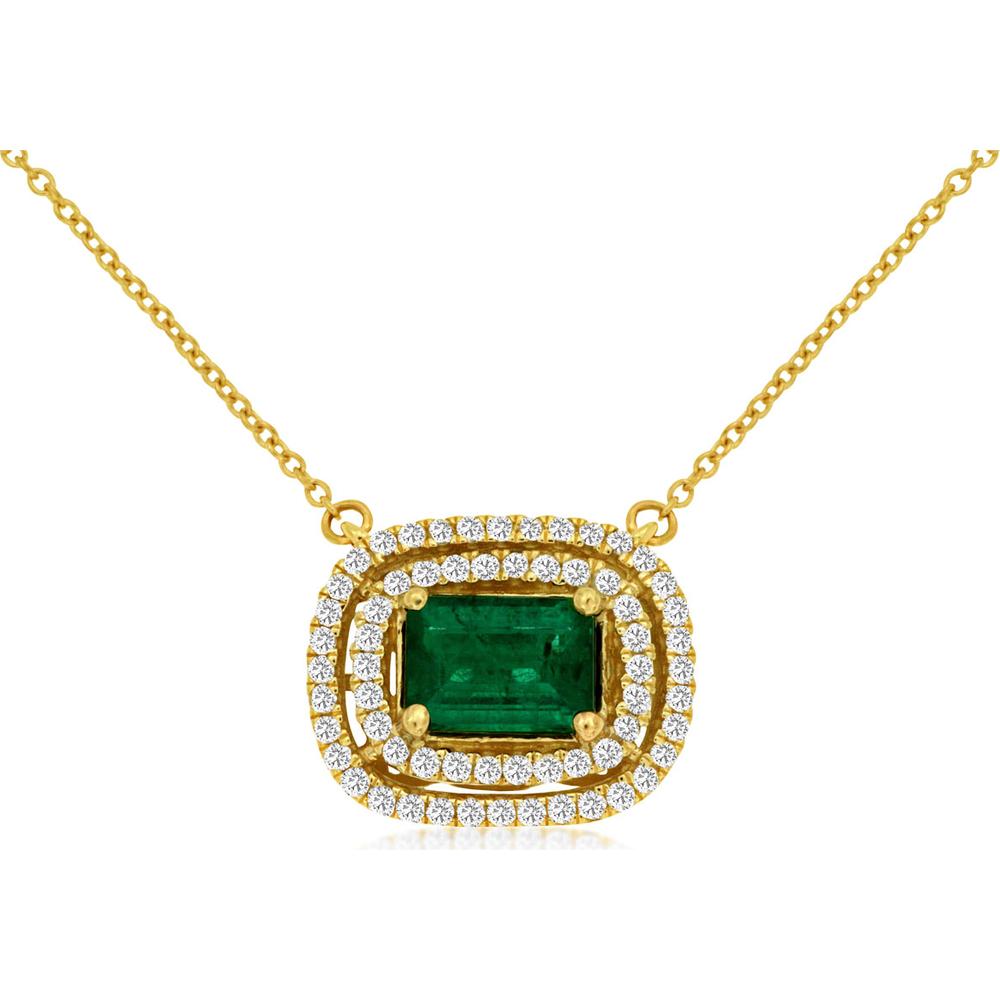 14K Yellow Gold Double Halo Necklace with 1.00 Carat Emerald Cut Emerald and 0.33 Carat Round Diamond Accents - Royal Jewelry