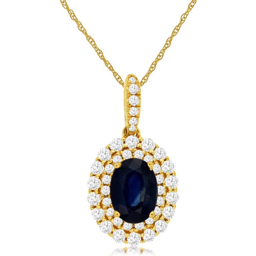 14K Yellow Gold Double Halo Oval Sapphire Pendant Necklace with 0.39 Carat Round Diamonds - 1.00 Carat Sapphire Total Gem Weight - Royal Jewelry