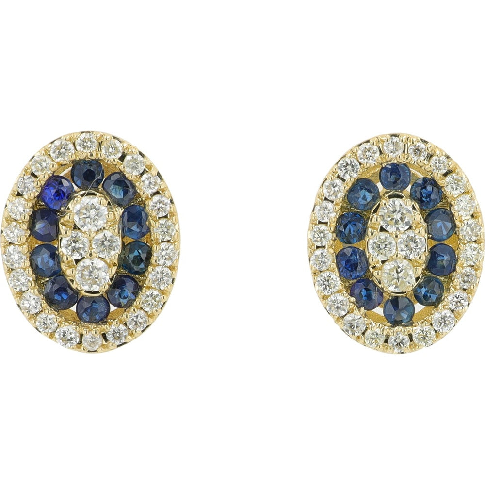 14K Yellow Gold Double Halo Oval Studs with Round Diamonds and Blue Sapphires - 0.25 Carat Total Diamond Weight and 0.35 Carat Total Sapphire Weight