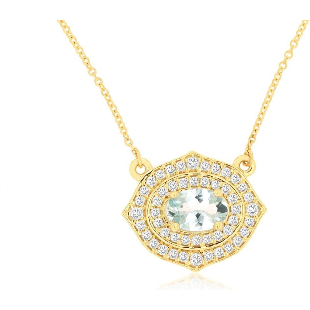 14K Yellow Gold Double Halo Pendant Necklace with Oval Aquamarine and Round Diamonds - 0.68 Carat Aquamarine and 0.35 Carat Total Diamond Weight - Royal Jewelry