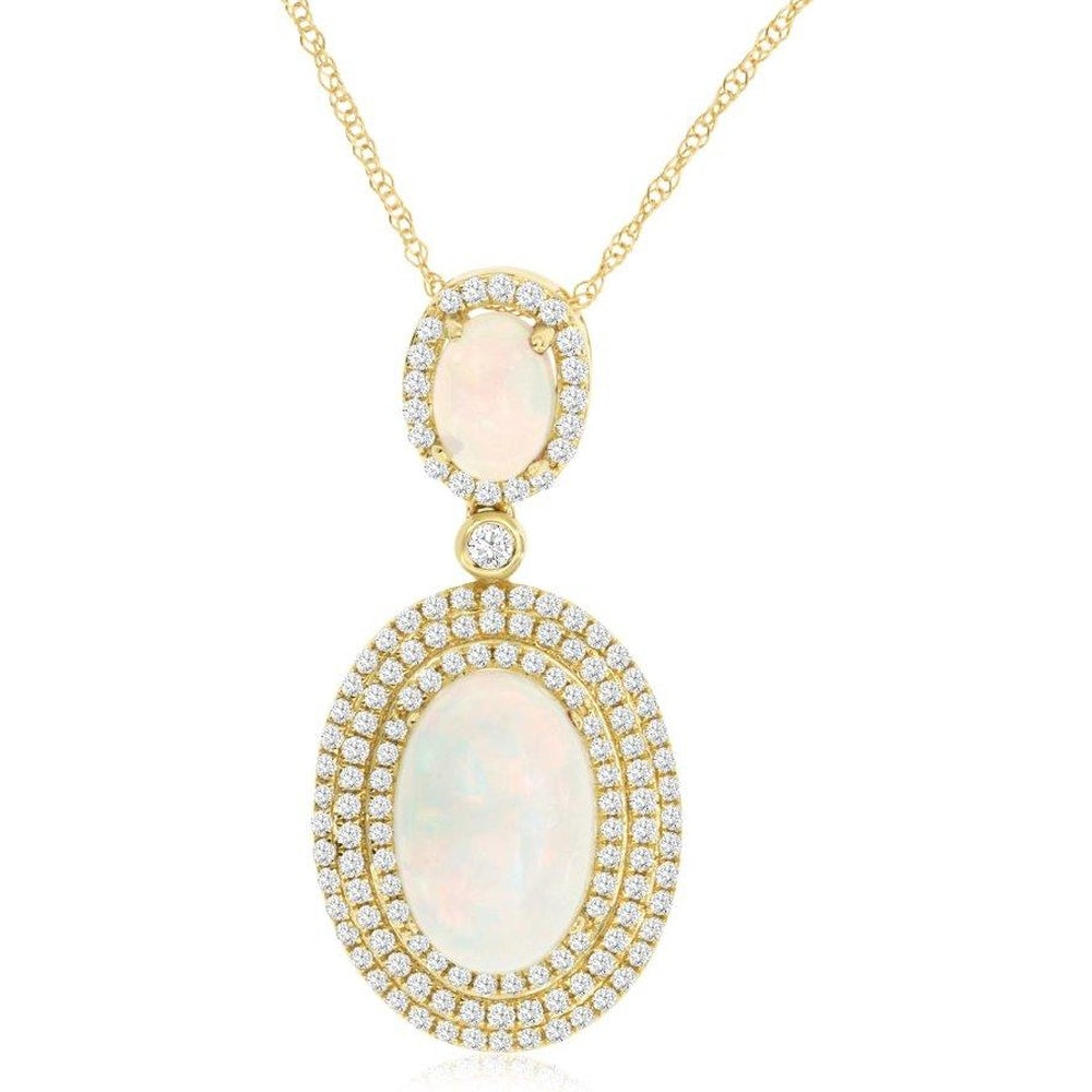 14K Yellow Gold Double Halo Pendant Necklace with Oval Opals and Round Diamonds - 2.80 Carat Opal and 0.70 Carat Total Diamond Weight - Royal Jewelry