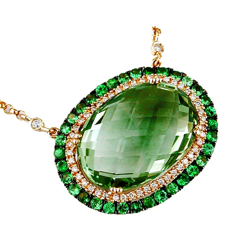 14K Yellow Gold Double Halo Pendant with 11.60 Carat Oval Green Amethyst and 0.20 Carat Round Diamond Accents - Royal Jewelry