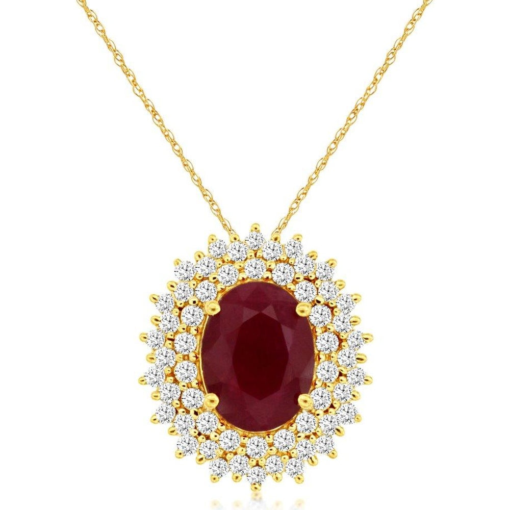 14K Yellow Gold Double Halo Pendant with Oval-Cut Ruby and Round Diamonds - 1.20 Carat Ruby and 0.33 Carat Total Diamond Weight - Royal Jewelry
