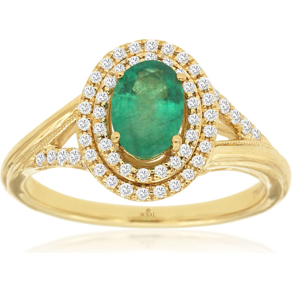 14K Yellow Gold Double Halo Ring with 0.70 Carat Oval Emerald and 0.25 Carat Total Round Diamonds - Royal Jewelry