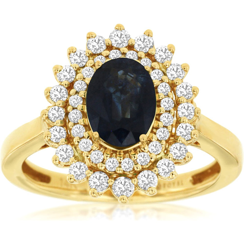14K Yellow Gold Double Halo Ring with 1.47 Carat Oval Sapphire and 0.50 Carat Round Diamonds - Royal Jewelry