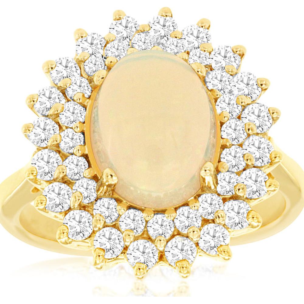 14K Yellow Gold Double Halo Ring with 1.70 Carat Oval Opal and 1.00 Carat Round Diamonds - Royal Jewelry