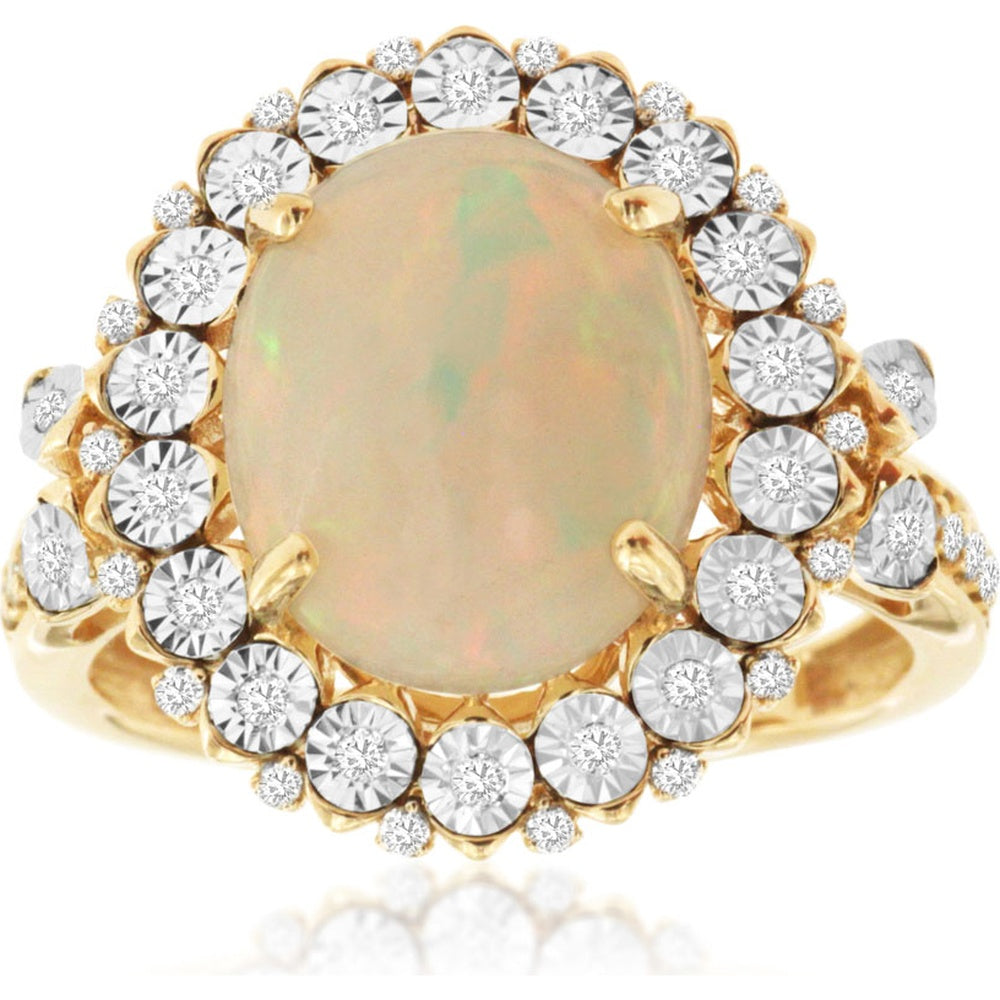 14K Yellow Gold Double Halo Ring with 3.00 Carat Oval Opal and 0.25 Carat Round Diamonds - Royal Jewelry