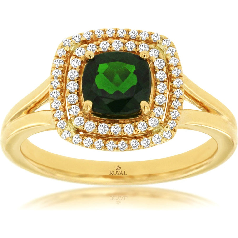 14K Yellow Gold Double Halo Ring with Cushion-Cut Russalite and Round Diamonds - 1.00 Carat Russalite and 0.20 Carat Total Diamond Weight - Royal Jewelry